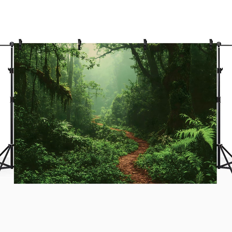 Riyidecor Jungle Rainforest Backdrop Fabric Polyester Spring Enchanted Nature Trees Green Dreamland Dirt Road Photography Background 7Wx5H Feet Decoration Props Party Photo Shoot Backdrop - Image 2